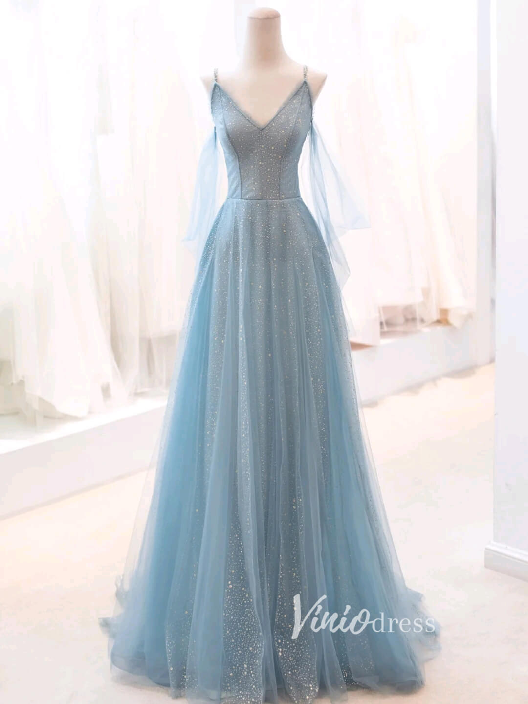 Prom Dress 2025 Dusty Blue Sparkly Tulle Prom Dresses Spaghetti Strap Evening Dress FD3429-unique prom dresses-Dusty Blue-Custom Size-Viniodress