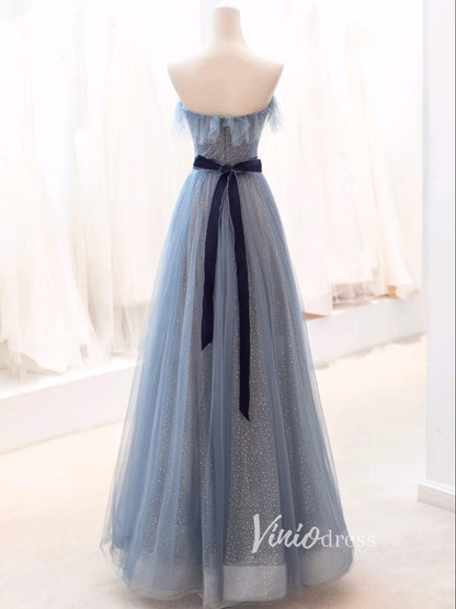Dusty Blue Sparkly Tulle Prom Dresses Strapless Evening Dress FD3428-prom dresses 2025 -Viniodress-Dusty Blue-Custom Size-