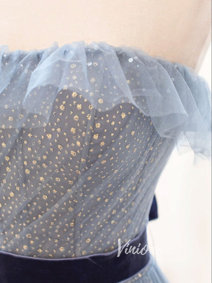 Dusty Blue Sparkly Tulle Prom Dresses Strapless Evening Dress FD3428-prom dresses 2025 -Viniodress-Dusty Blue-Custom Size-