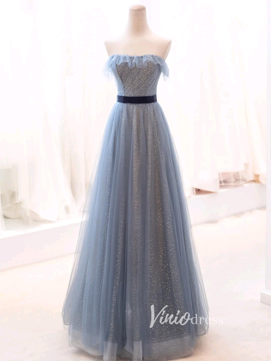 Dusty Blue Sparkly Tulle Prom Dresses Strapless Evening Dress FD3428-prom dresses 2025 -Viniodress-Dusty Blue-Custom Size-