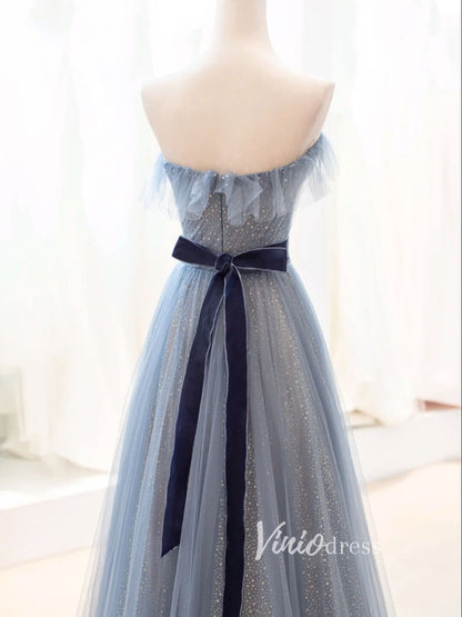 Dusty Blue Sparkly Tulle Prom Dresses Strapless Evening Dress FD3428 –  Viniodress