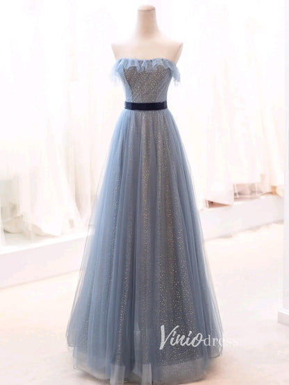 Dusty Blue Sparkly Tulle Prom Dresses Strapless Evening Dress FD3428-prom dresses 2025 -Viniodress-Dusty Blue-Custom Size-