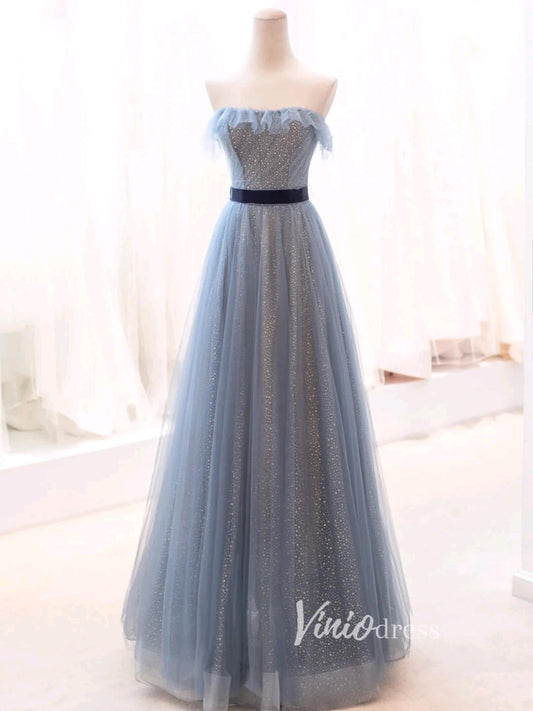 Dusty Blue Sparkly Tulle Prom Dresses Strapless Evening Dress FD3428-prom dresses 2025 -Viniodress-Dusty Blue-Custom Size-