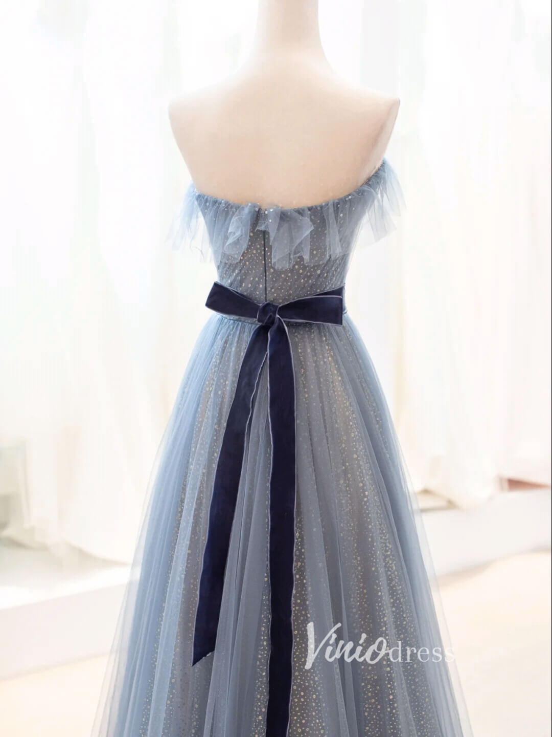 Prom Dress 2025 Dusty Blue Sparkly Tulle Prom Dresses Strapless Evening Dress FD3428-unique prom dresses-Dusty Blue-Custom Size-Viniodress