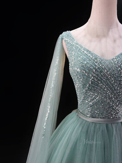 Dusty Blue Sparkly Tulle Prom Dresses with Extra Long Sleeve, Beaded Bodice, V-Neck, Quinceanera Dresses SU032-prom dresses 2025 -Viniodress-Blue-Custom Size-