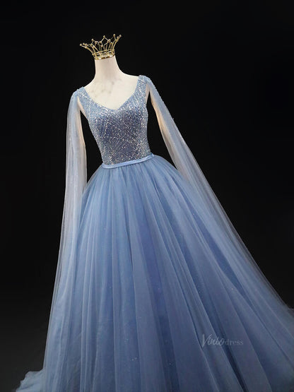 Dusty Blue Sparkly Tulle Prom Dresses with Extra Long Sleeve, Beaded Bodice, V-Neck, Quinceanera Dresses SU032-prom dresses 2025 -Viniodress-Blue-Custom Size-