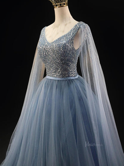 Dusty Blue Sparkly Tulle Prom Dresses with Extra Long Sleeve, Beaded Bodice, V-Neck, Quinceanera Dresses SU032-prom dresses 2025 -Viniodress-Blue-Custom Size-