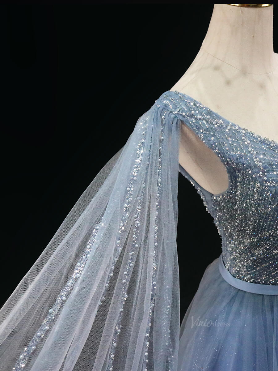 Dusty Blue Sparkly Tulle Prom Dresses with Extra Long Sleeve, Beaded Bodice, V-Neck, Quinceanera Dresses SU032-prom dresses 2025 -Viniodress-Blue-Custom Size-
