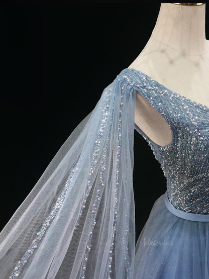 Dusty Blue Sparkly Tulle Prom Dresses with Extra Long Sleeve, Beaded Bodice, V-Neck, Quinceanera Dresses SU032-prom dresses 2025 -Viniodress-Blue-Custom Size-