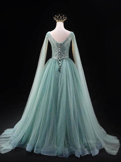 Dusty Blue Sparkly Tulle Prom Dresses with Extra Long Sleeve, Beaded Bodice, V-Neck, Quinceanera Dresses SU032-prom dresses 2025 -Viniodress-Blue-Custom Size-