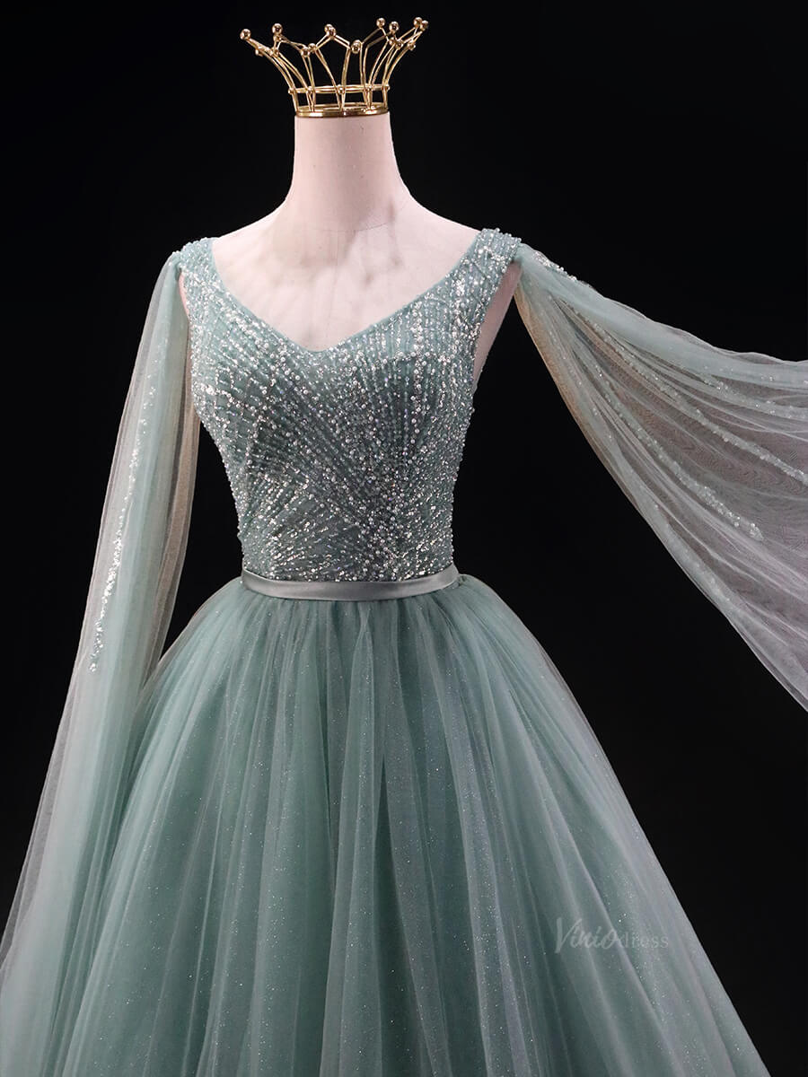 Dusty Blue Sparkly Tulle Prom Dresses with Extra Long Sleeve, Beaded Bodice, V-Neck, Quinceanera Dresses SU032-prom dresses 2025 -Viniodress-Blue-Custom Size-
