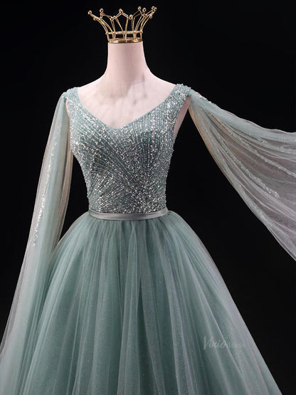 Dusty Blue Sparkly Tulle Prom Dresses with Extra Long Sleeve, Beaded Bodice, V-Neck, Quinceanera Dresses SU032-prom dresses 2025 -Viniodress-Blue-Custom Size-