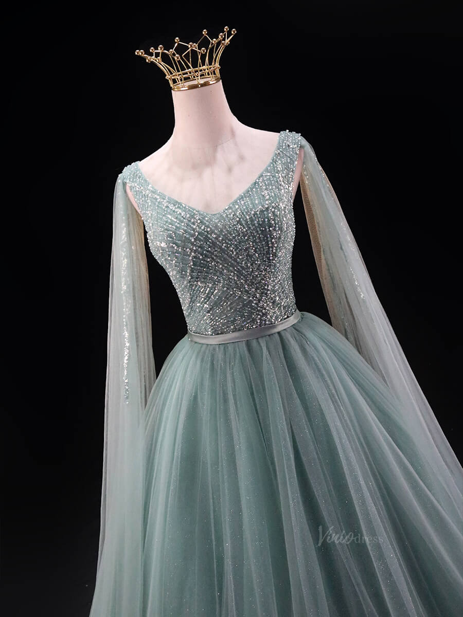 Dusty Blue Sparkly Tulle Prom Dresses with Extra Long Sleeve, Beaded Bodice, V-Neck, Quinceanera Dresses SU032-prom dresses 2025 -Viniodress-Blue-Custom Size-