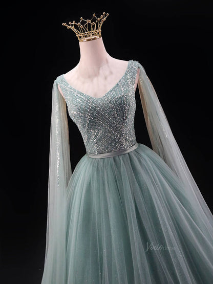 Dusty Blue Sparkly Tulle Prom Dresses with Extra Long Sleeve, Beaded Bodice, V-Neck, Quinceanera Dresses SU032-prom dresses 2025 -Viniodress-Blue-Custom Size-