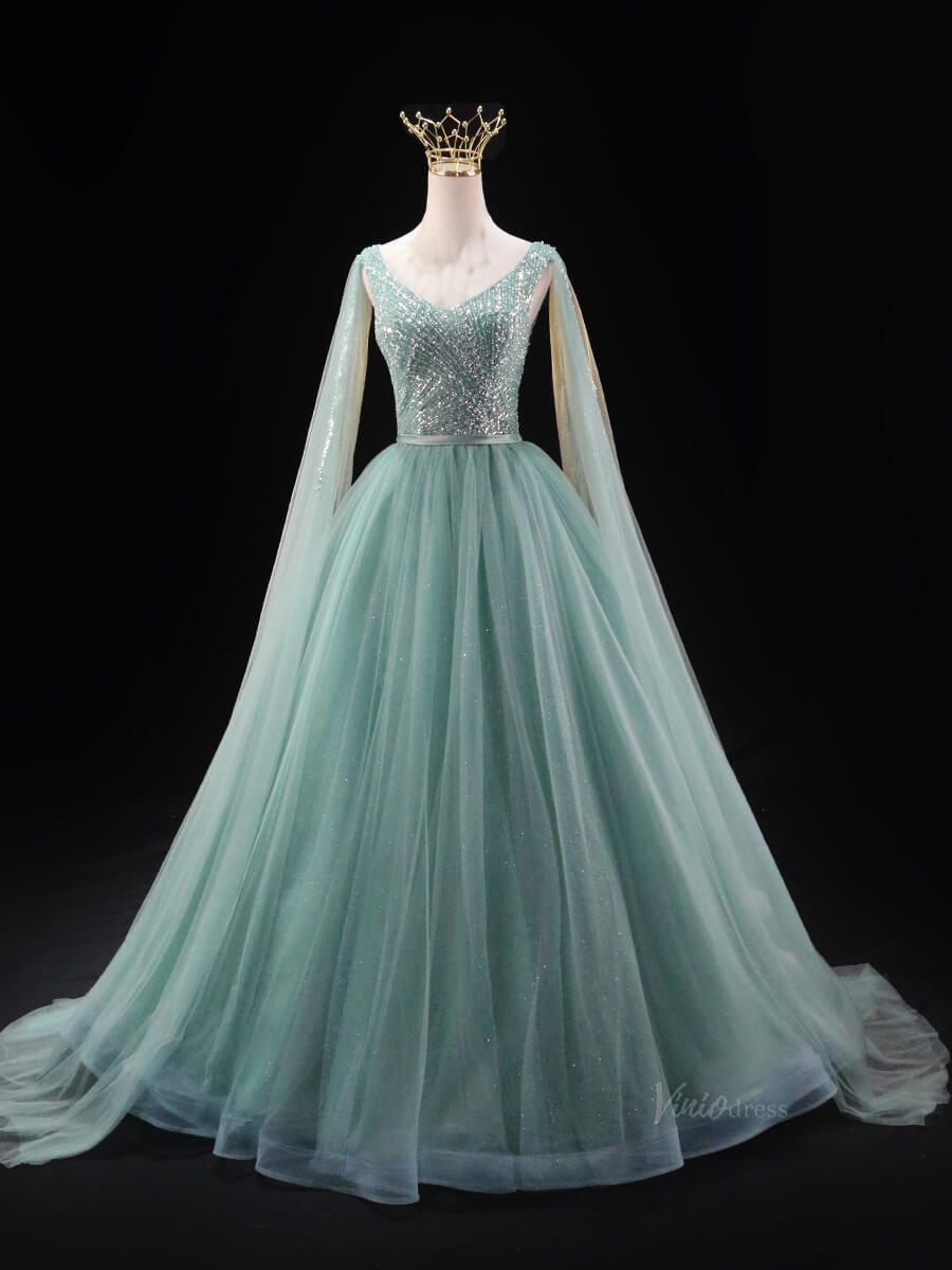 Dusty Blue Sparkly Tulle Prom Dresses with Extra Long Sleeve, Beaded Bodice, V-Neck, Quinceanera Dresses SU032-prom dresses 2025 -Viniodress-Green-Custom Size-