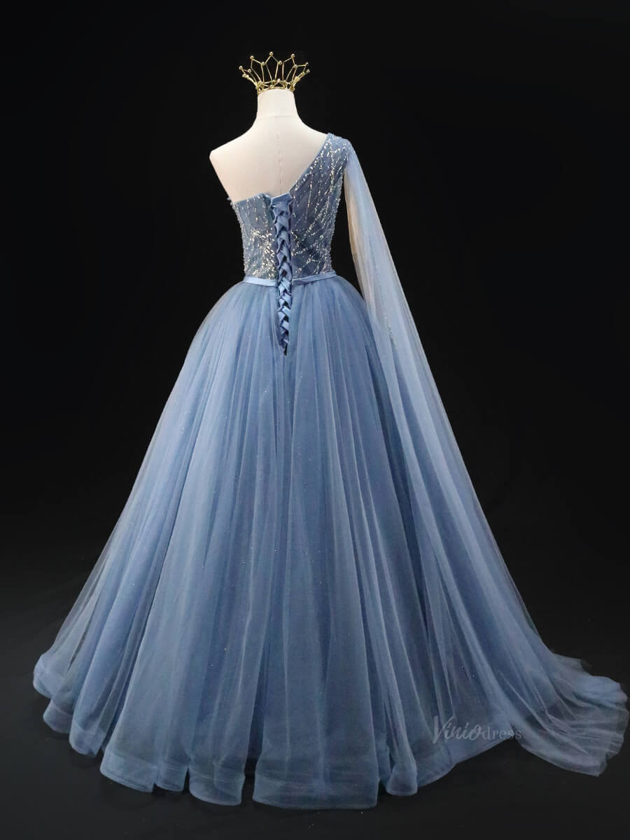 Dusty Blue Sparkly Tulle Prom Dresses with One Shoulder, Beaded Bodice, Quinceanera Dresses SU037-prom dresses 2025 -Viniodress-Blue-Custom Size-