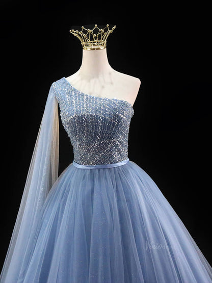 Dusty Blue Sparkly Tulle Prom Dresses with One Shoulder, Beaded Bodice, Quinceanera Dresses SU037-prom dresses 2025 -Viniodress-Blue-Custom Size-