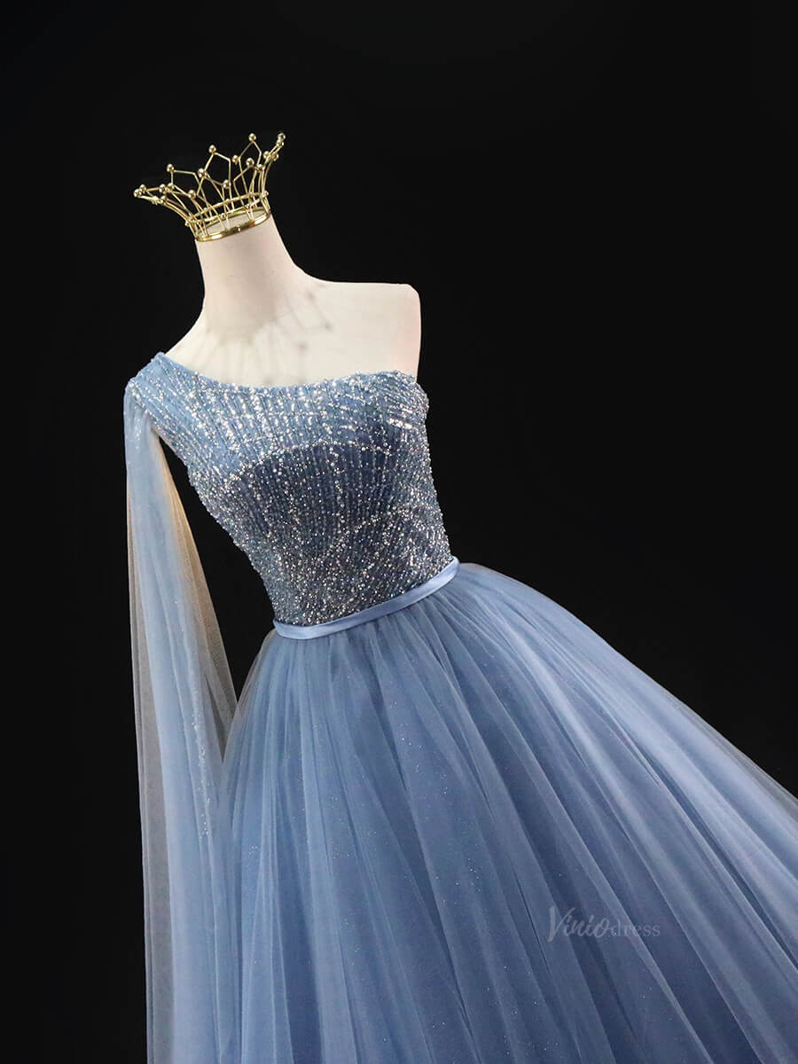 Dusty Blue Sparkly Tulle Prom Dresses with One Shoulder, Beaded Bodice, Quinceanera Dresses SU037-prom dresses 2025 -Viniodress-Blue-Custom Size-