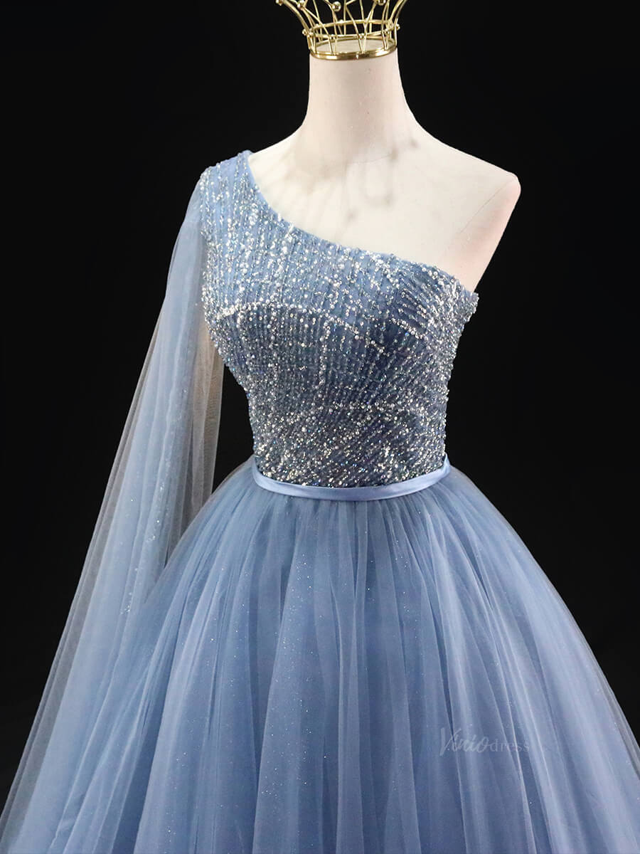 prom dresses 2025 Dusty Blue Sparkly Tulle Prom Dresses with One Shoulder, Beaded Bodice, Quinceanera Dresses SU037-plus size wedding dresses Viniodress-Blue-Custom Size-