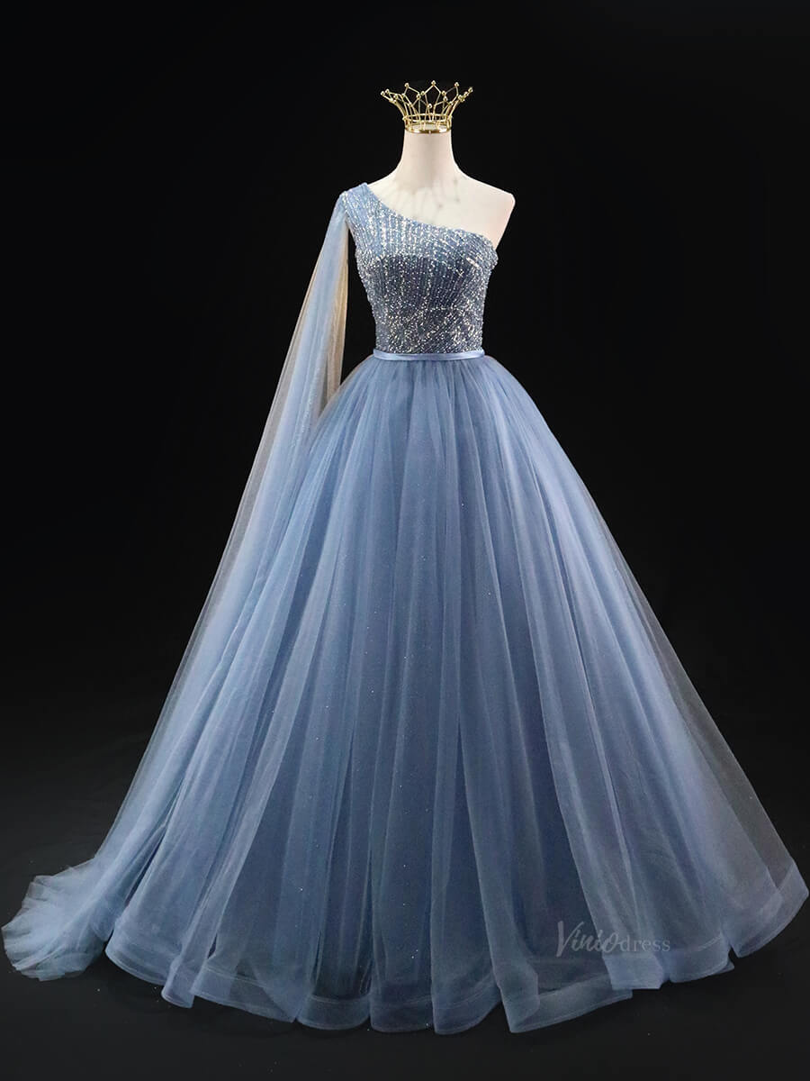 prom dresses 2025 Dusty Blue Sparkly Tulle Prom Dresses with One Shoulder, Beaded Bodice, Quinceanera Dresses SU037-plus size wedding dresses Viniodress-Blue-Custom Size-