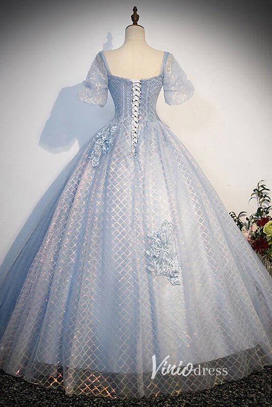 Dusty Blue Sparkly Tulle Prom Dresses with Puffed Sleeve FD3526-prom dresses 2025 -Viniodress-Dusty Blue-Custom Size-Ball Gown