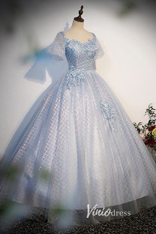 Dusty Blue Sparkly Tulle Prom Dresses with Puffed Sleeve FD3526-prom dresses 2025 -Viniodress-Dusty Blue-Custom Size-Ball Gown