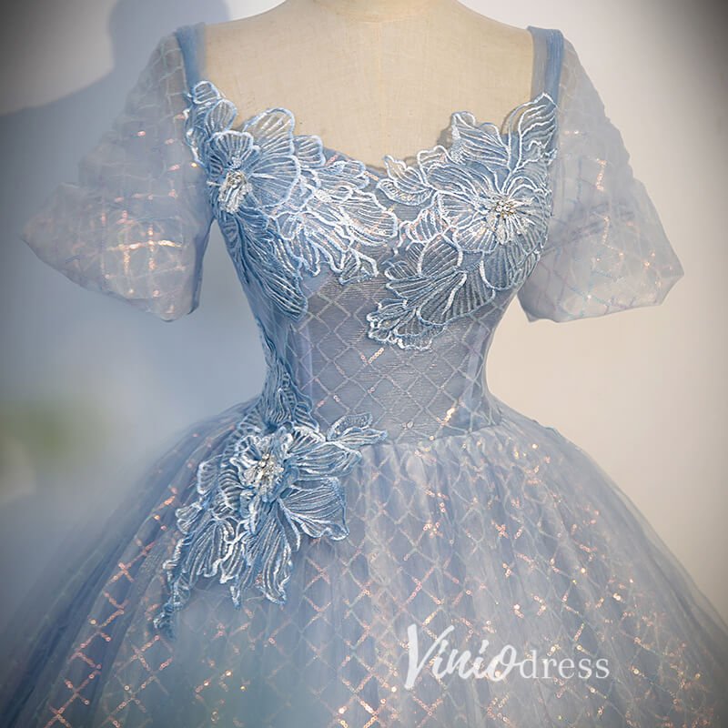 Dusty Blue Sparkly Tulle Prom Dresses with Puffed Sleeve FD3526 - Viniodressprom dressesDusty BlueCustom Size - Formal Dresses - Ball Gowns