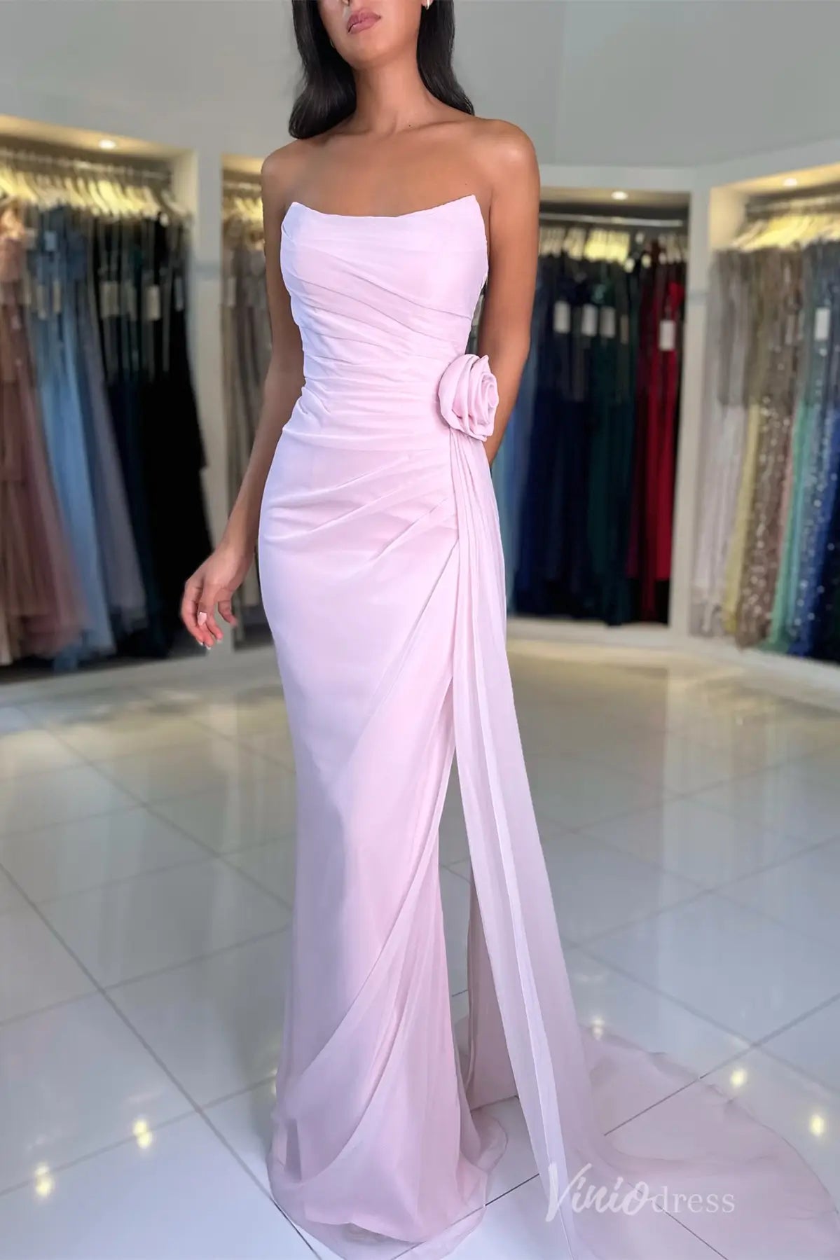 Dusty Blue Strapless Chiffon Prom Dress with Draped Bodice, 3D Rose Appliqué, and Sweep Train – SS019-prom dresses 2025 -Viniodress-Dusty Blue-Custom Size-