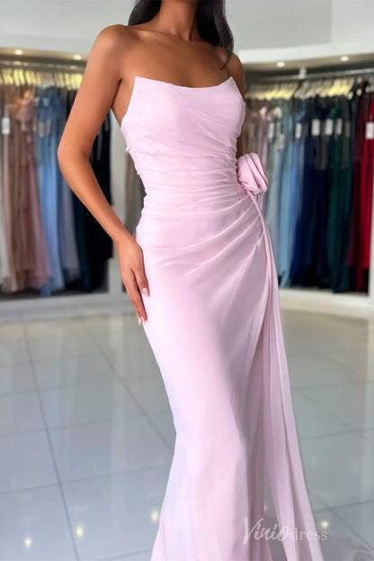 Dusty Blue Strapless Chiffon Prom Dress with Draped Bodice, 3D Rose Appliqué, and Sweep Train – SS019-prom dresses 2025 -Viniodress-Dusty Blue-Custom Size-