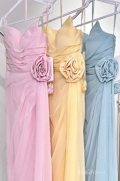 Dusty Blue Strapless Chiffon Prom Dress with Draped Bodice, 3D Rose Appliqué, and Sweep Train – SS019-prom dresses 2025 -Viniodress-Dusty Blue-Custom Size-