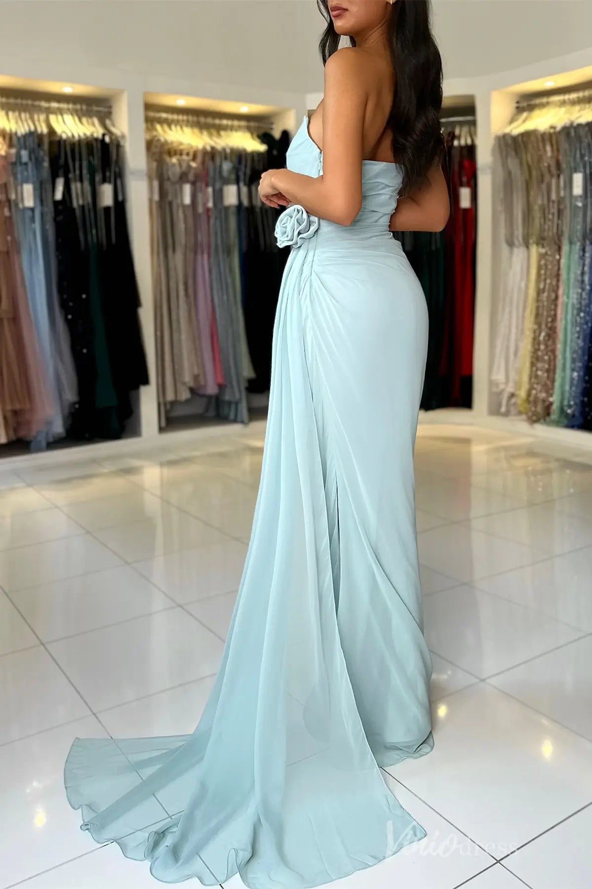 Dusty Blue Strapless Chiffon Prom Dress with Draped Bodice, 3D Rose Appliqué, and Sweep Train – SS019-prom dresses 2025 -Viniodress-Dusty Blue-Custom Size-
