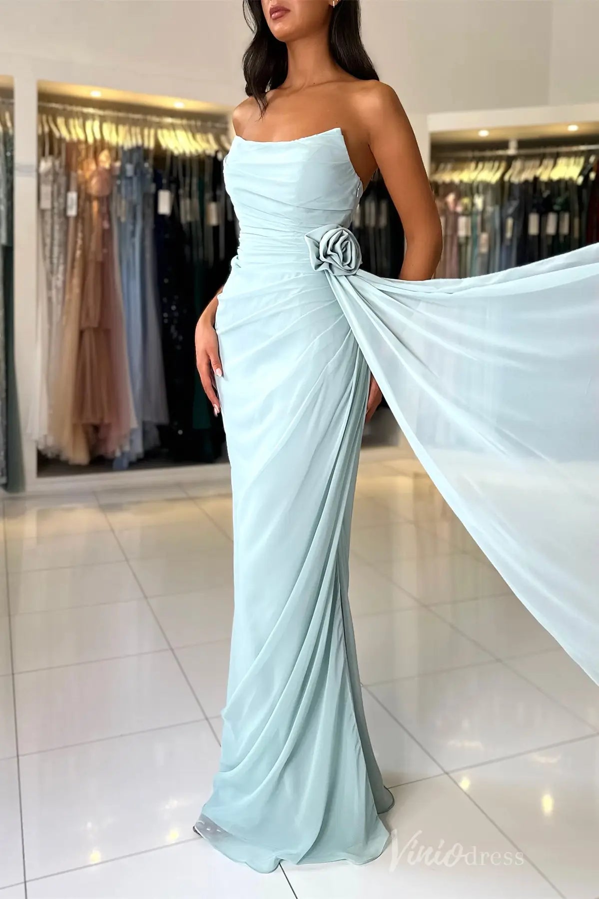 Dusty Blue Strapless Chiffon Prom Dress with Draped Bodice, 3D Rose Appliqué, and Sweep Train – SS019-prom dresses 2025 -Viniodress-Dusty Blue-Custom Size-