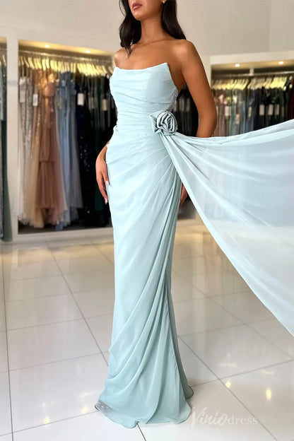 Dusty Blue Strapless Chiffon Prom Dress with Draped Bodice, 3D Rose Appliqué, and Sweep Train – SS019-prom dresses 2025 -Viniodress-Dusty Blue-Custom Size-