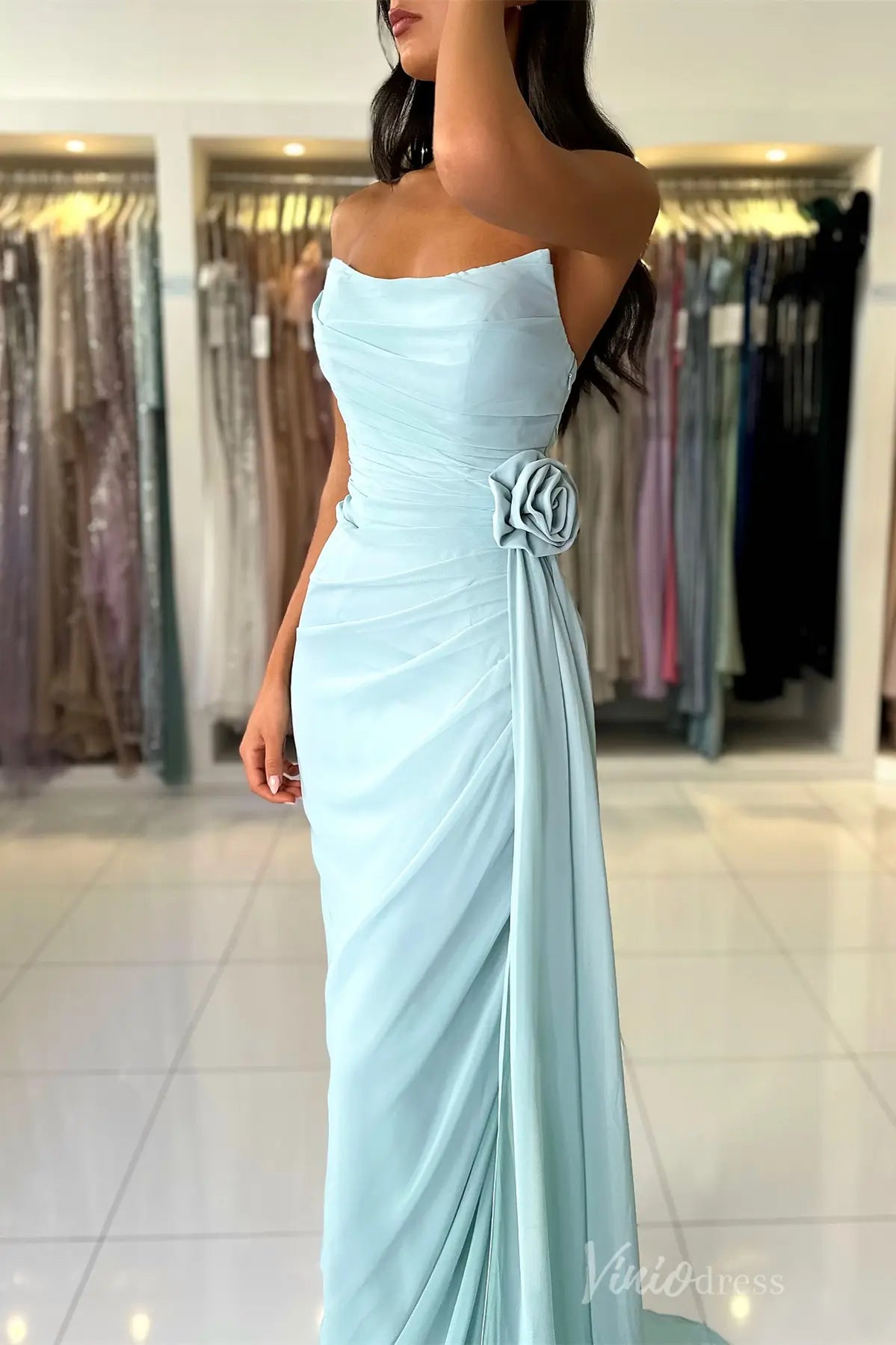 Dusty Blue Strapless Chiffon Prom Dress with Draped Bodice, 3D Rose Appliqué, and Sweep Train – SS019-prom dresses 2025 -Viniodress-Dusty Blue-Custom Size-
