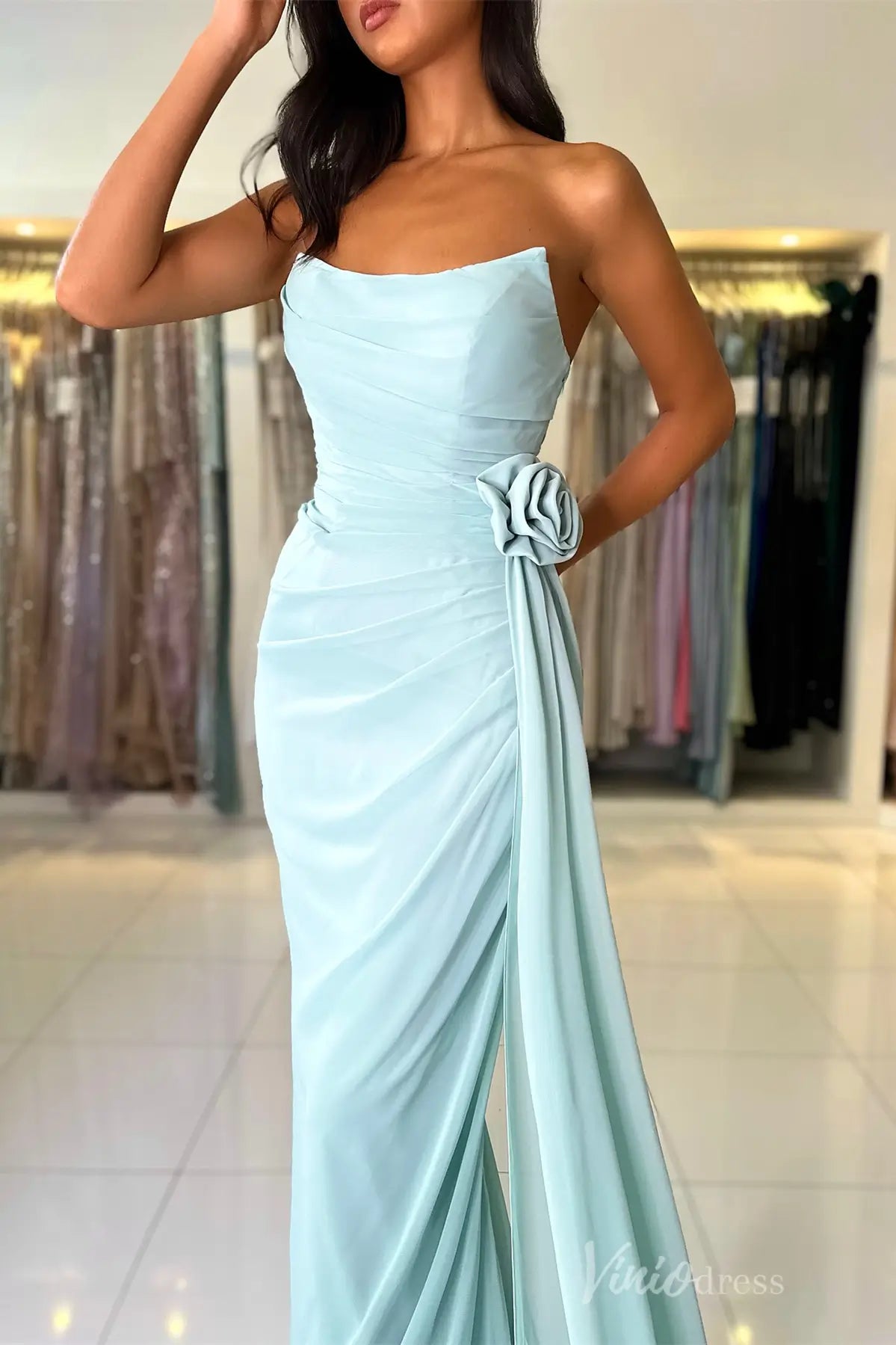 Dusty Blue Strapless Chiffon Prom Dress with Draped Bodice, 3D Rose Appliqué, and Sweep Train – SS019-prom dresses 2025 -Viniodress-Dusty Blue-Custom Size-