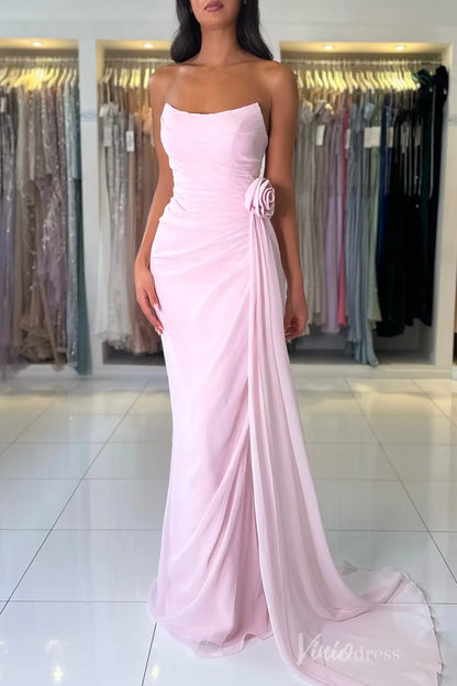Dusty Blue Strapless Chiffon Prom Dress with Draped Bodice, 3D Rose Appliqué, and Sweep Train – SS019-prom dresses 2025 -Viniodress-Dusty Blue-Custom Size-