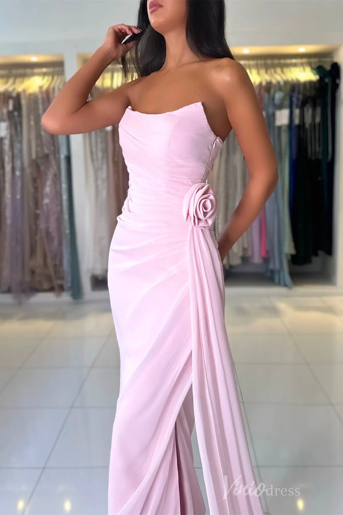 Dusty Blue Strapless Chiffon Prom Dress with Draped Bodice, 3D Rose Appliqué, and Sweep Train – SS019-prom dresses 2025 -Viniodress-Dusty Blue-Custom Size-