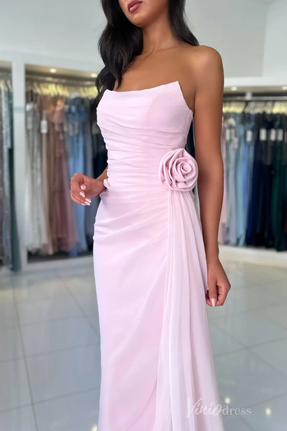 Dusty Blue Strapless Chiffon Prom Dress with Draped Bodice, 3D Rose Appliqué, and Sweep Train – SS019-prom dresses 2025 -Viniodress-Dusty Blue-Custom Size-