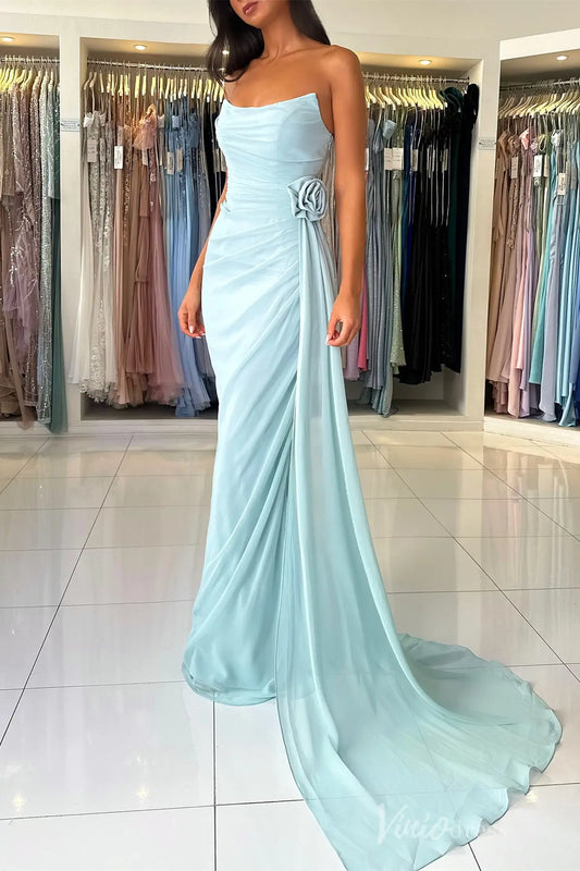 Dusty Blue Strapless Chiffon Prom Dress with Draped Bodice, 3D Rose Appliqué, and Sweep Train – SS019-prom dresses 2025 -Viniodress-Dusty Blue-Custom Size-