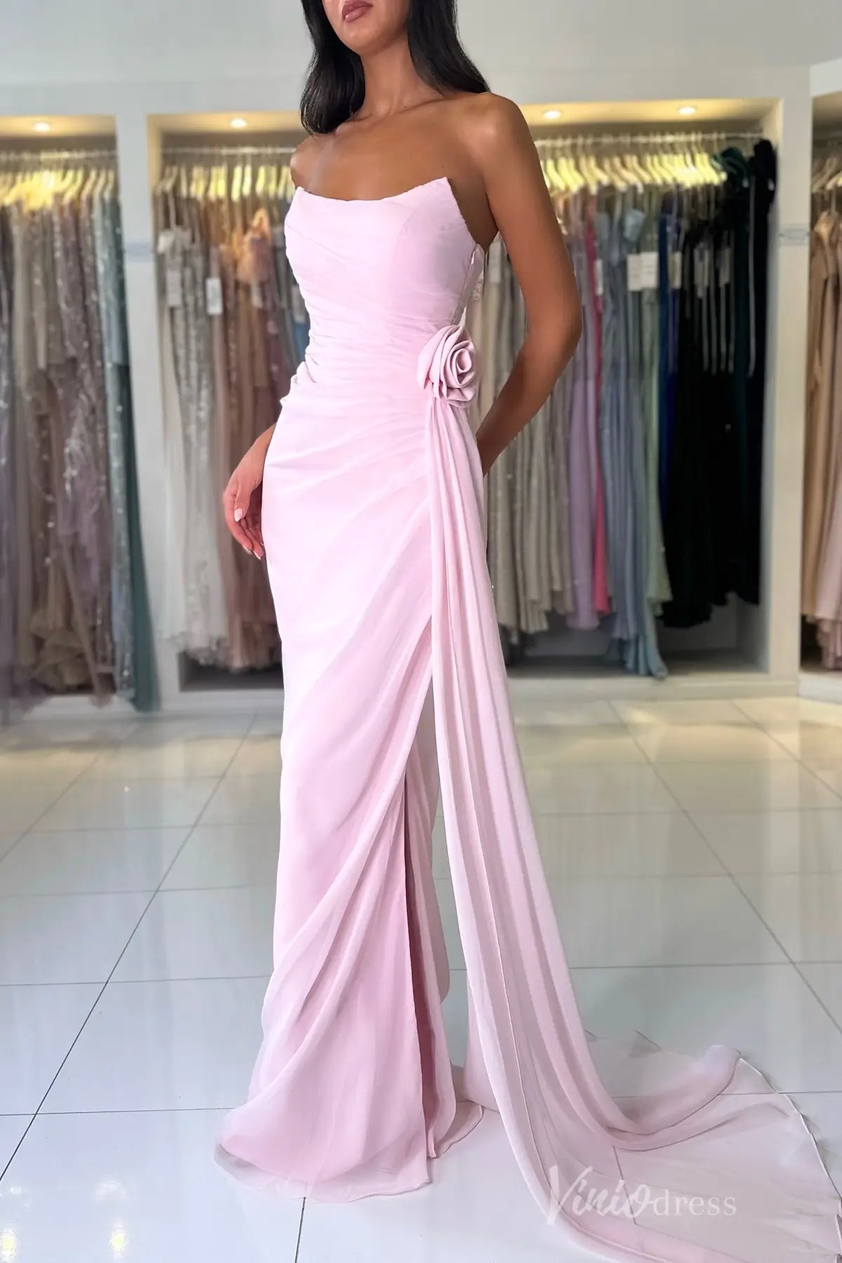 Dusty Blue Strapless Chiffon Prom Dress with Draped Bodice, 3D Rose Appliqué, and Sweep Train – SS019-prom dresses 2025 -Viniodress-Pink-Custom Size-