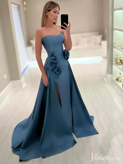 Dusty Blue Strapless Prom Dress – High Slit & 3D Floral Appliqués | IS001-prom dresses 2025 -Viniodress-Blue-Custom Size-