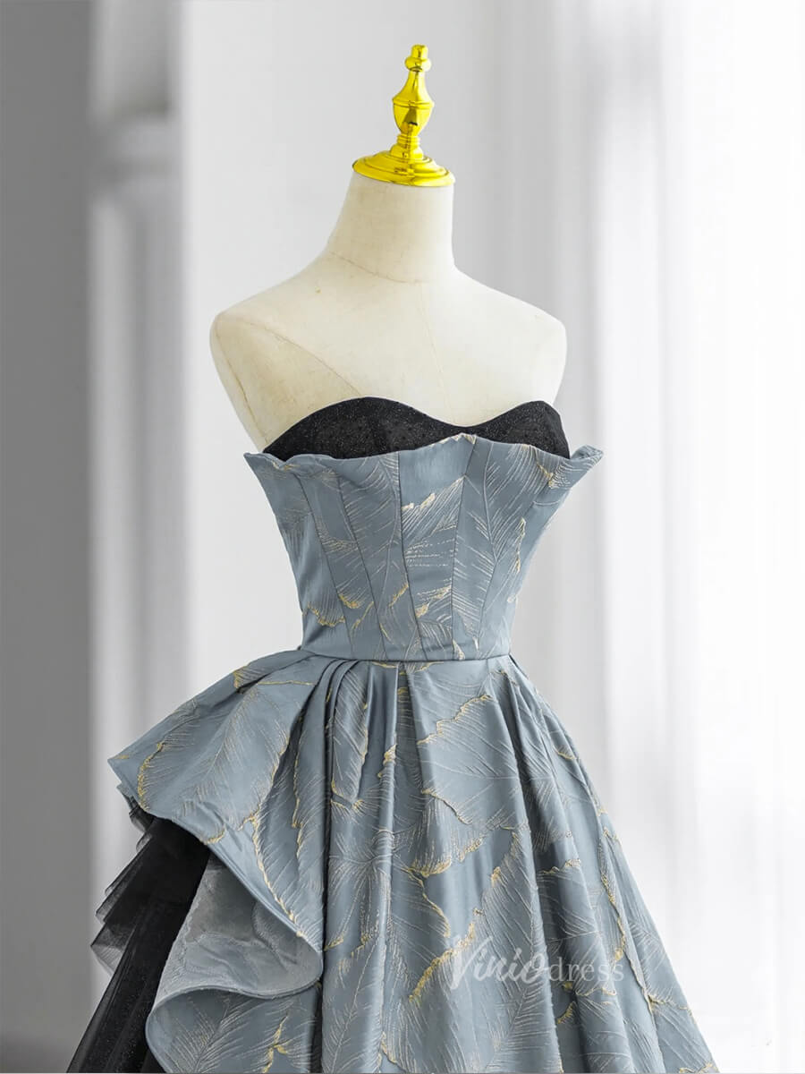 Dusty Blue Strapless Prom Dresses Jacquard Satin Formal Gown FD3239 Viniodress Dusty Blue Strapless Prom Dresses Jacquard Satin Formal Gown FD3239 Viniodress