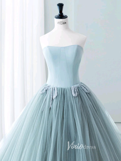 Dusty Blue Strapless Prom Dresses Pleated Tulle Formal Dress AD1036-prom dresses 2025 -Viniodress-Dusty Blue-Custom Size-