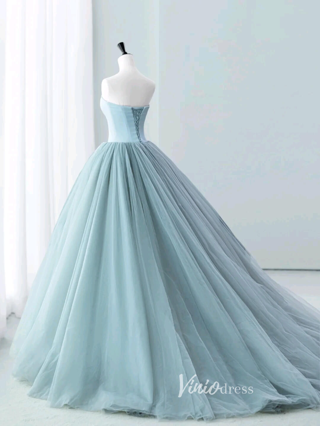 Dusty Blue Strapless Prom Dresses Pleated Tulle Formal Dress AD1036 - Viniodressprom dressesDusty BlueCustom Size - Formal Dresses - Ball Gowns