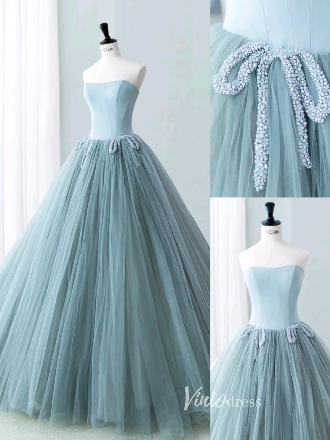 Dusty Blue Strapless Prom Dresses Pleated Tulle Formal Dress AD1036-prom dresses-Viniodress-Viniodress