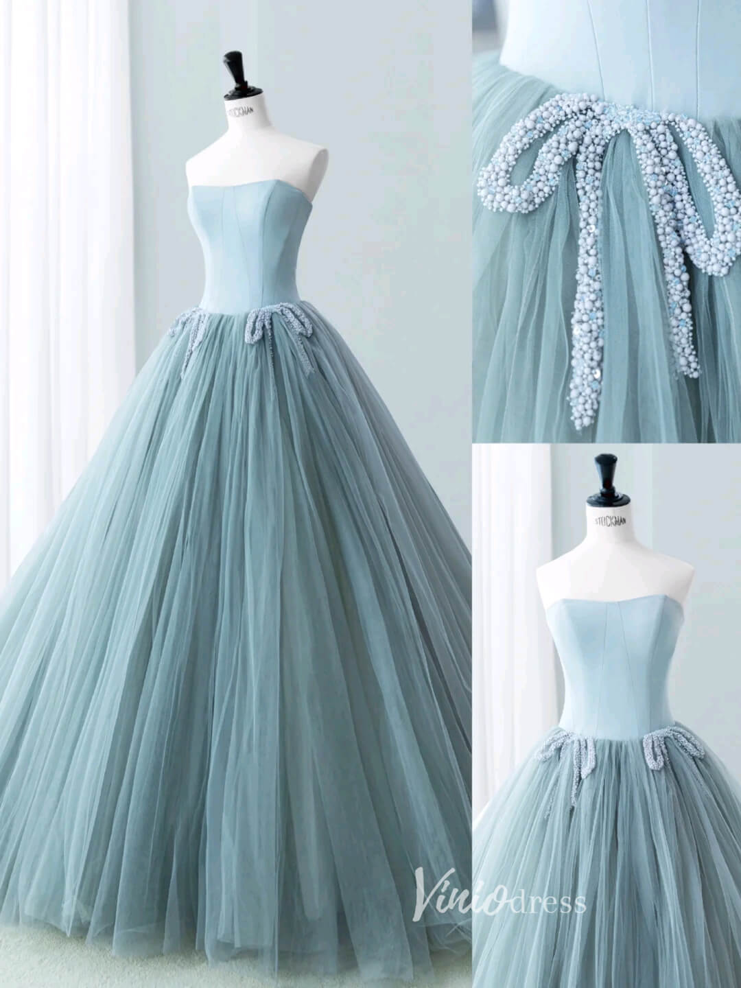 Dusty Blue Strapless Prom Dresses Pleated Tulle Formal Dress AD1036 - Viniodressprom dressesDusty BlueCustom Size - Formal Dresses - Ball Gowns