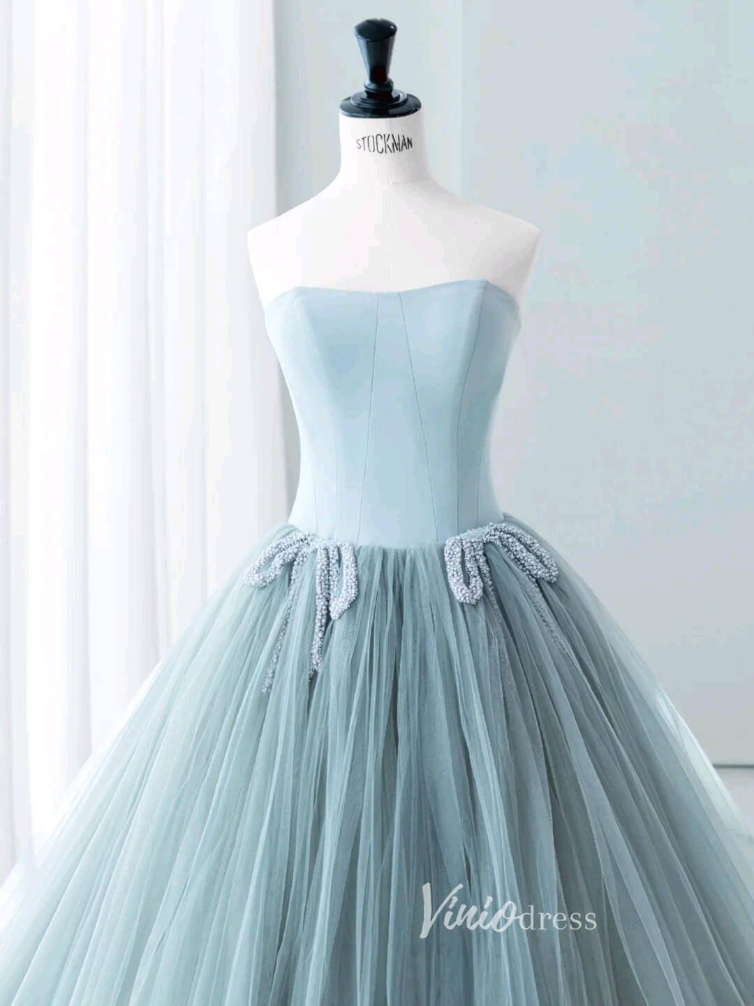 Dusty Blue Strapless Prom Dresses Pleated Tulle Formal Dress AD1036 - Viniodressprom dressesDusty BlueCustom Size - Formal Dresses - Ball Gowns