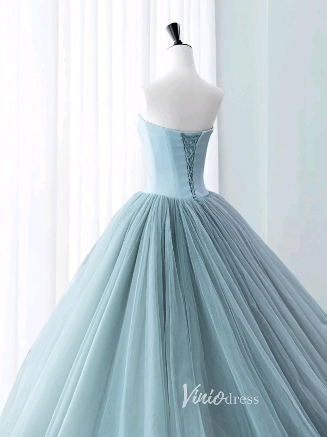 Dusty Blue Strapless Prom Dresses Pleated Tulle Formal Dress AD1036 - Viniodressprom dressesDusty BlueCustom Size - Formal Dresses - Ball Gowns