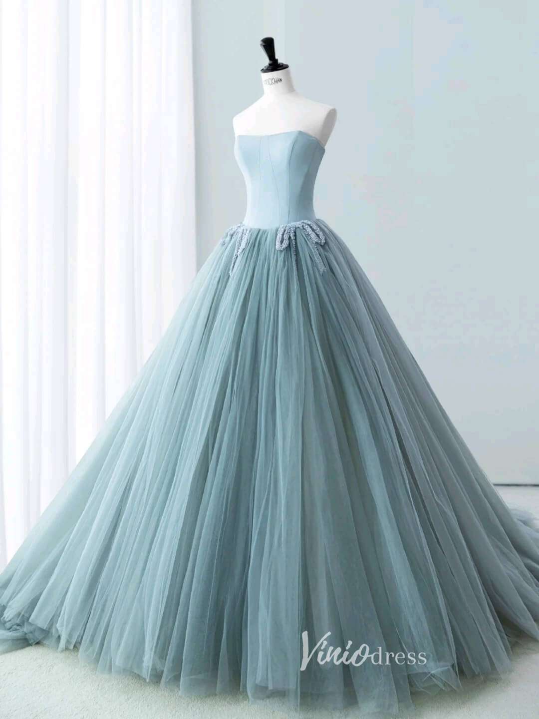 Dusty Blue Strapless Prom Dresses Pleated Tulle Formal Dress AD1036-prom dresses-Viniodress-Dusty Blue-Custom Size-Viniodress