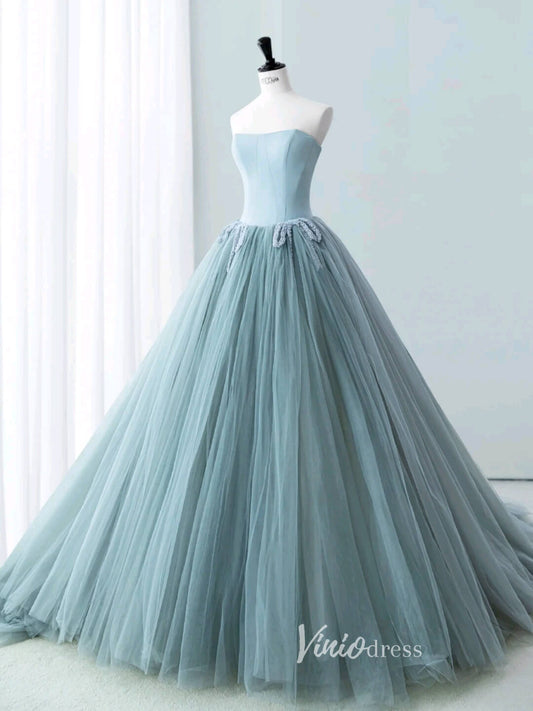 Dusty Blue Strapless Prom Dresses Pleated Tulle Formal Dress AD1036 - Viniodressprom dressesDusty BlueCustom Size - Formal Dresses - Ball Gowns